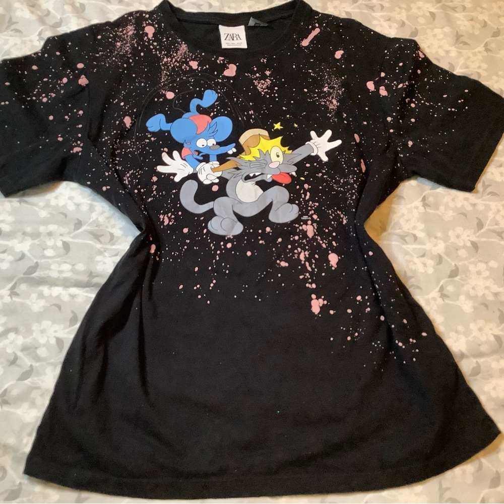 ZARA Black Tee with Colorful The Simpson itchy and scratchy Pink Splatter